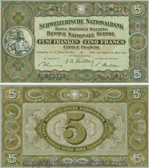 Schweiz, P 11p, 5 Franken 1952, Serie 54C, Signatur 33; 1