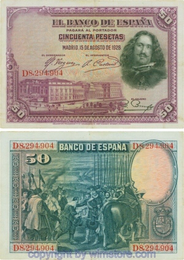 vg24030 Spanien, P 075b, 50 Pesetas 1928, Serie D; 4