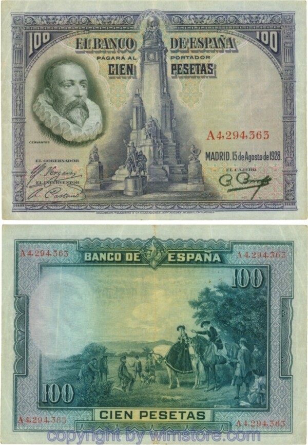 Spanien, P 076a, 100 Pesetas 1928, Serie A; gering