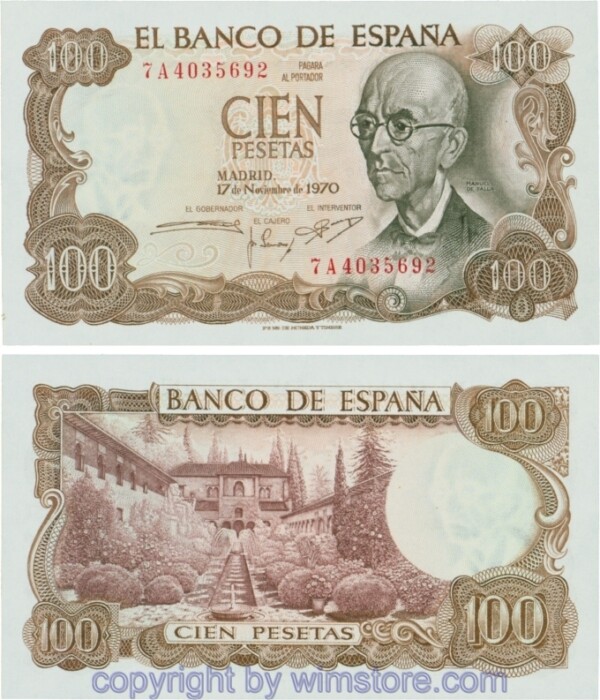 Spanien, P 152a, 100 Pesetas 1970, Serie A (7A); 1-
