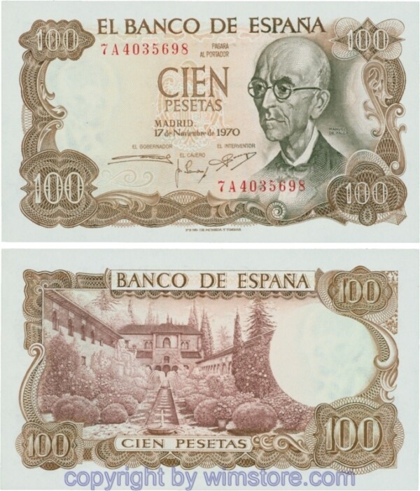 Spanien, P 152a, 100 Pesetas 1970, Serie A (7A); 1-