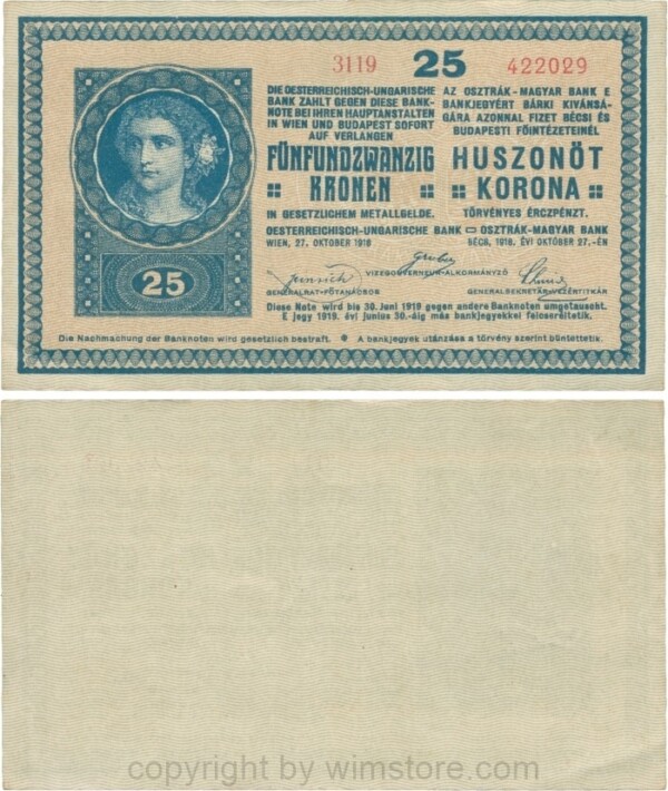 Ungarn, P 013.3, 25 Korona, 27.10.1918, KN 16 mm; 3