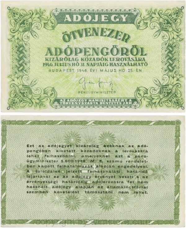 Ungarn, P 138c, 50.000 Adópengö (Ötvenezer), 25.05.1946, (Tax Pengö), Papier weiss, ohne Wasserzeichen