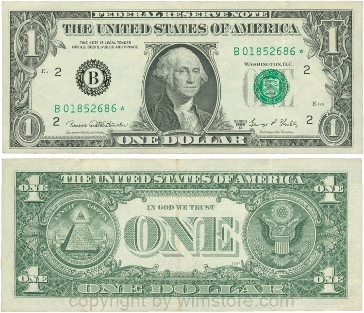 USA, P 449e, 1 Dollar 1969 D, Serie B, KN: B - Stern, Cleveland, Ersatznote, Signatur: Banuelos & Shultz; 4