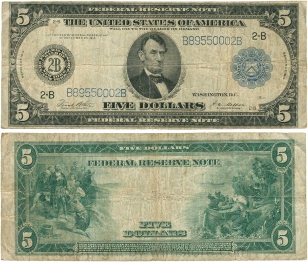 USA, P 359bB, 5 Dollars 1914, KN: B-B, New York, grösserer Abstand der KN zum Siegel, Signatur: White & Mellon; gering erhalten