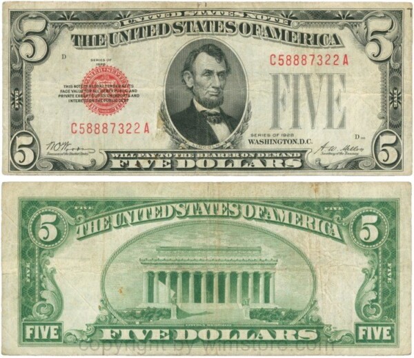 USA, P 379, 5 Dollars 1928, KN: C-A, D, Signatur: Woods & Mellon; 5