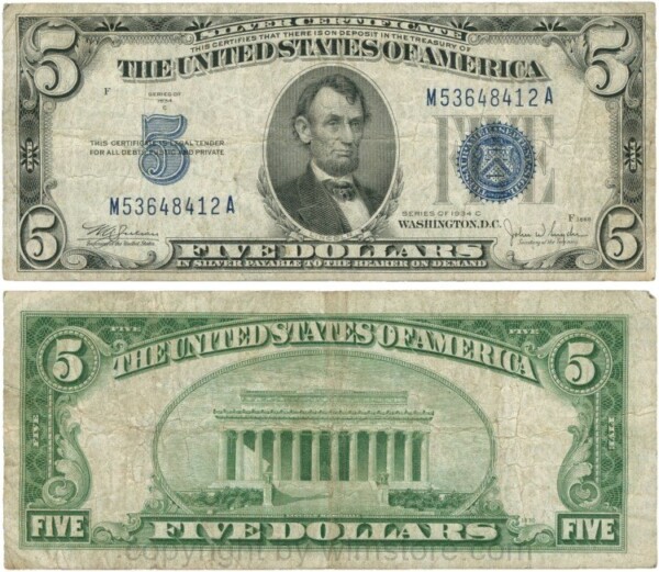 USA, P 414Ac, 5 Dollars 1934 C, KN: M-A, F, Signatur: William Alexander Julian & John Wesley Snyder; gering