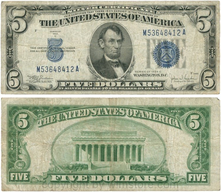 USA, P 414Ac, 5 Dollars 1934 C, KN: M-A, F, Signatur: William Alexander Julian & John Wesley Snyder; gering
