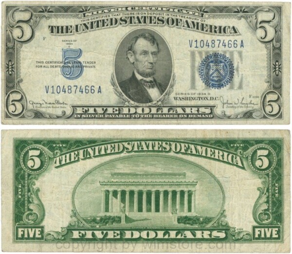 USA, P 414Ad, 5 Dollars 1934 D, KN: V-A, F, Signatur: Clark & John Wesley Snyder; 5