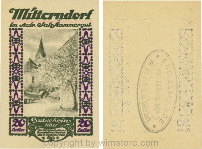 Mitterndorf, G0621IIfb, 20 Heller, Wertzahl violett, ovaler schwarzer Gemeindestempel mit 3 Zeilen; 1-