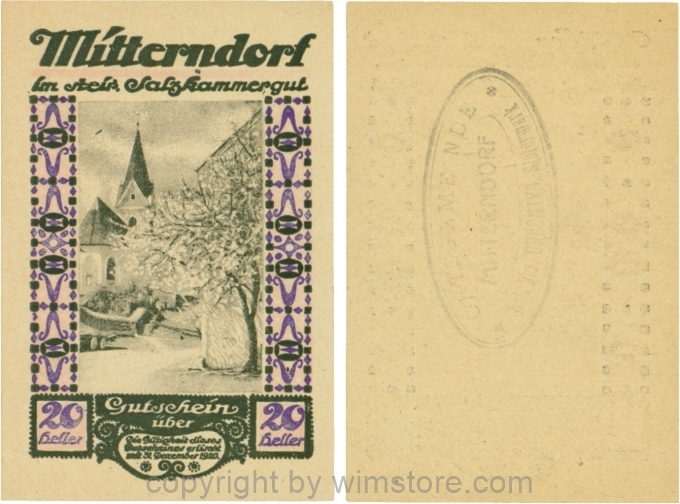Mitterndorf, G0621IIfb, 20 Heller, Wertzahl violett, ovaler schwarzer Gemeindestempel mit 3 Zeilen; 1-