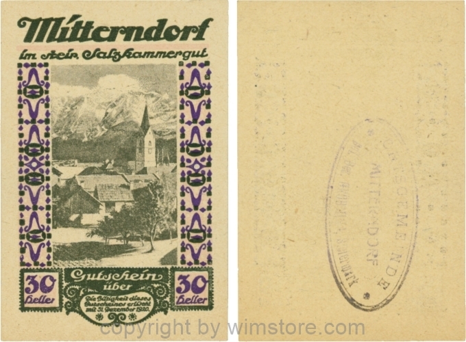 Mitterndorf, G0621IIfb, 30 Heller, Wertzahl violett, ovaler schwarzer Gemeindestempel mit 3 Zeilen; 1-
