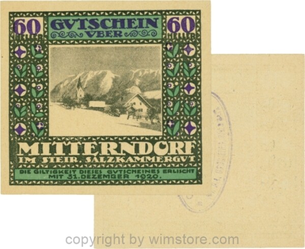 Mitterndorf, G0621IIfb, 60 Heller, Wertzahl violett, ovaler Gemeindestempel mit 3 Zeilen, senkrecht gestempelt; 1