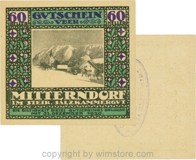 Mitterndorf, G0621IIfb, 60 Heller, Wertzahl violett, ovaler Gemeindestempel mit 3 Zeilen, senkrecht gestempelt; 1