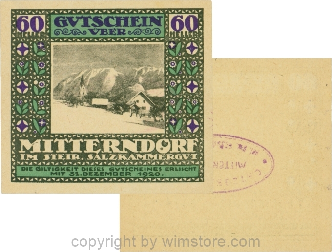 Mitterndorf, G0621IIfb, 60 Heller, Wertzahl violett, ovaler violetter Gemeindestempel mit 3 Zeilen, kopfstehend gestempelt; 1-