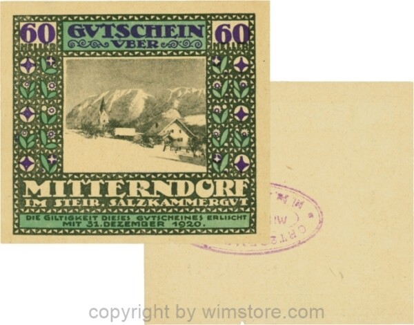 Mitterndorf, G0621IIfb, 60 Heller, Wertzahl violett, ovaler violetter Gemeindestempel mit 3 Zeilen, kopfstehend gestempelt; 2