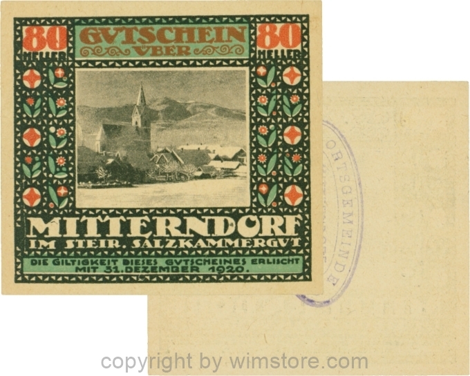 Mitterndorf, G0621IIfc, 80 Heller, Wertzahl ziegelrot, ovaler Gemeindestempel mit 3 Zeilen, senkrecht; 1-