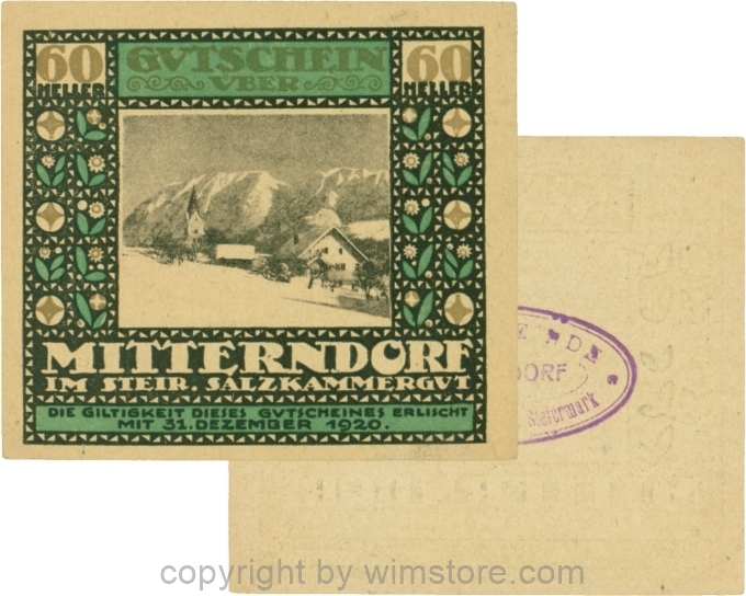 Mitterndorf, G0621IIfe, 60 Heller, Wertzahl grau, ovaler violetter Gemeindestempel mit 3 Zeilen; 1-