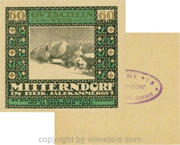 Mitterndorf, G0621IIfe, 60 Heller, Wertzahl grau, ovaler violetter Gemeindestempel mit 3 Zeilen; 1-