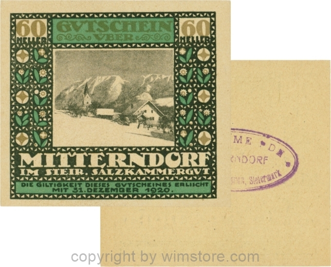 Mitterndorf, G0621IIfe, 60 Heller, Wertzahl grau, ovaler violetter Gemeindestempel mit 3 Zeilen; 1-