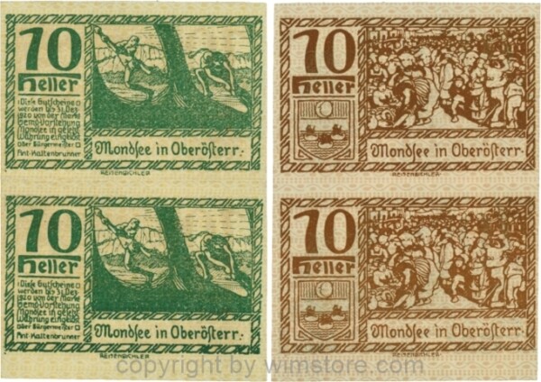 Mondsee, G0626g, 10 Heller, 2 Scheine ungeschnitten aber in der Mitte geknickt, Vorderseite Unterdruck gelb, Druck grün; 2
