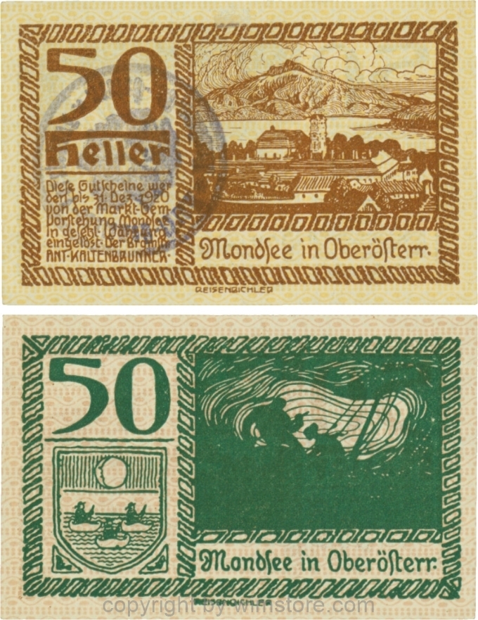 vn100049 Mondsee, G0626rf, 50 Heller mit Gemeindestempel, Vorderseite Unterdruck gelb, Druck braun; 1-2