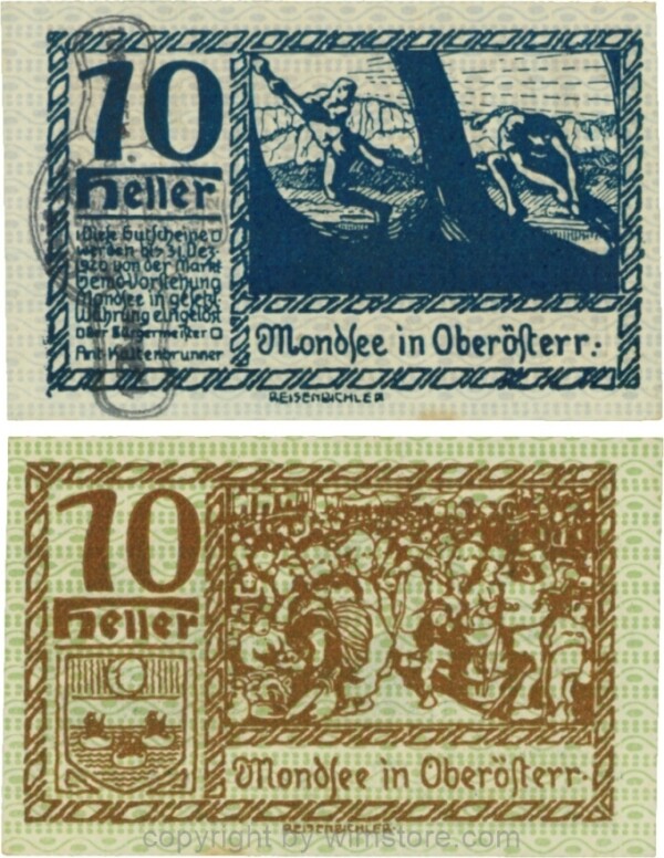 Mondsee, G0626sa, 10 Heller mit Verlängerungsstempel, Vorderseite Unterdruck blau, Druck blau; 1-