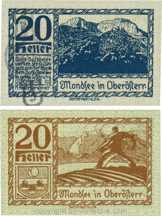 vn100051 Mondsee, G0626sa, 20 Heller mit Verlängerungsstempel, Vorderseite Unterdruck blau, Druck blau; 1