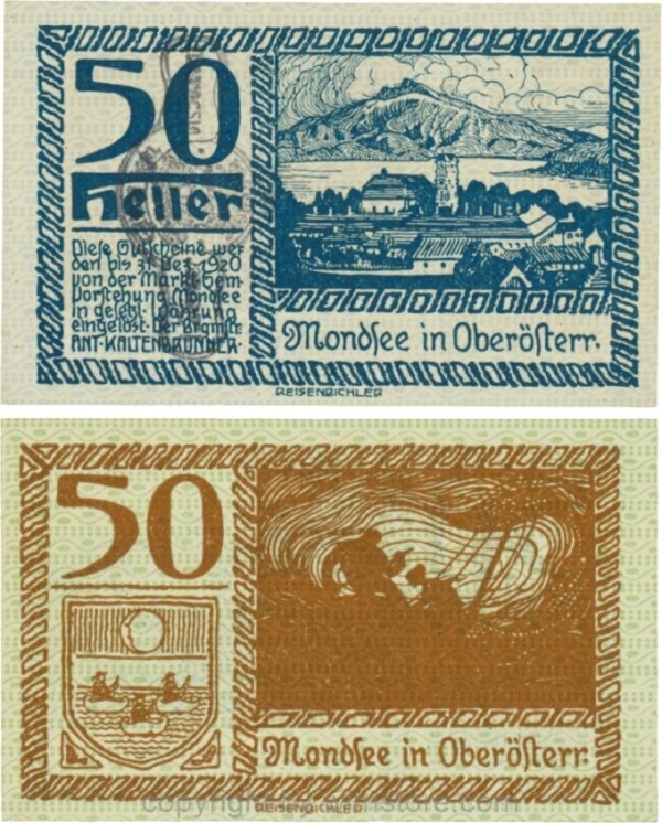 Mondsee, G0626sa, 50 Heller mit Verlängerungsstempel, Vorderseite Unterdruck blau, Druck blau; 1