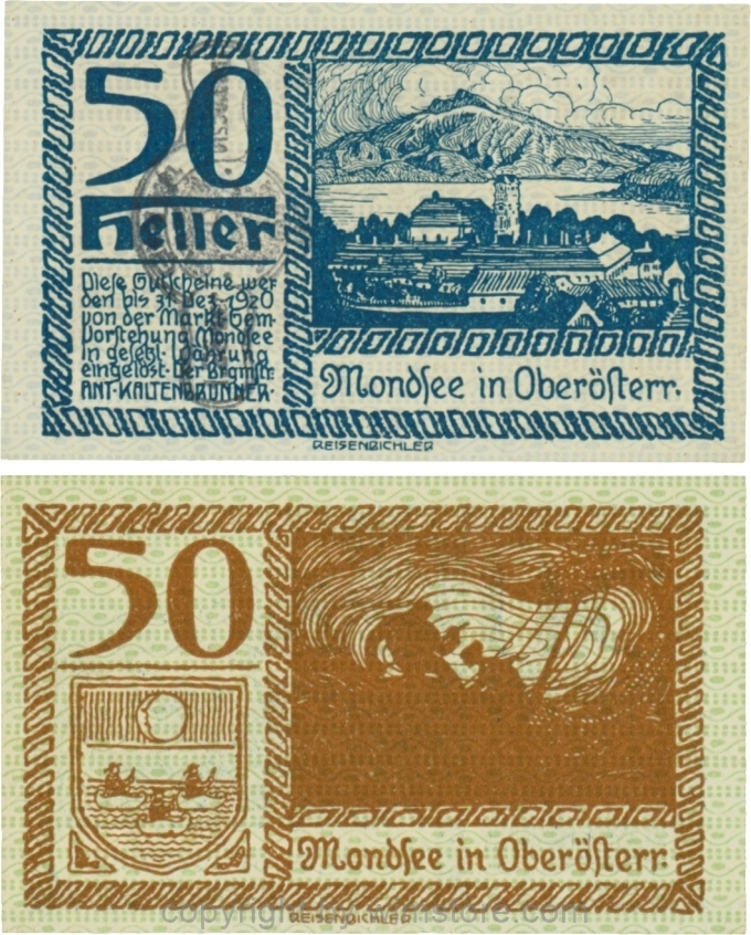 vn100052 Mondsee, G0626sa, 50 Heller mit Verlängerungsstempel, Vorderseite Unterdruck blau, Druck blau; 1