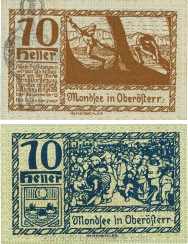 Mondsee, G0626sb, 10 Heller mit Verlängerungsstempel, Vorderseite Unterdruck blau, Druck braun; 1