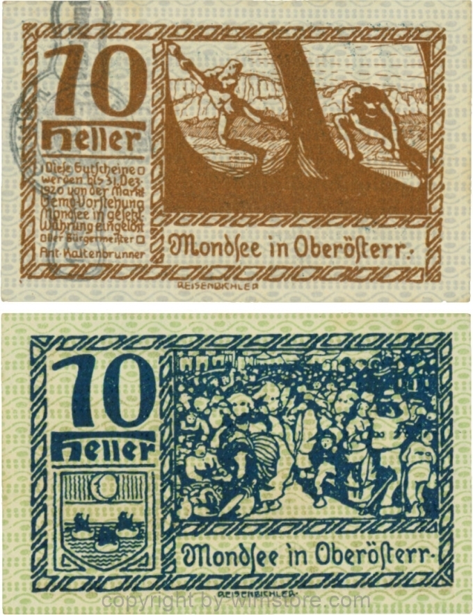 vn100053 Mondsee, G0626sb, 10 Heller mit Verlängerungsstempel, Vorderseite Unterdruck blau, Druck braun; 1