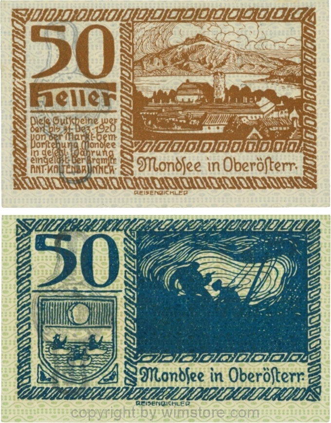 vn100054 Mondsee, G0626sb, 50 Heller mit Verlängerungsstempel, Vorderseite Unterdruck blau, Druck braun; 1-