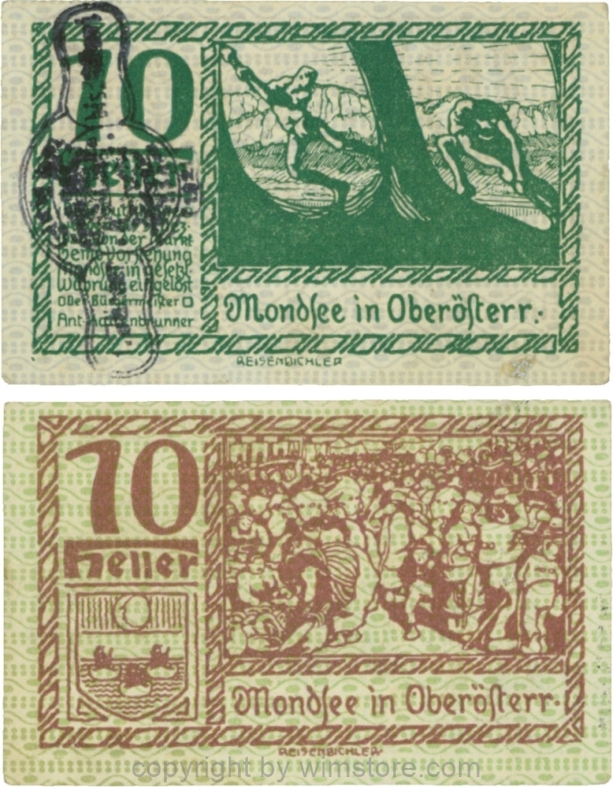 vn100055 Mondsee, G0626sc, 10 Heller mit Verlängerungsstempel, Vorderseite Unterdruck blau, Druck grün; 1-