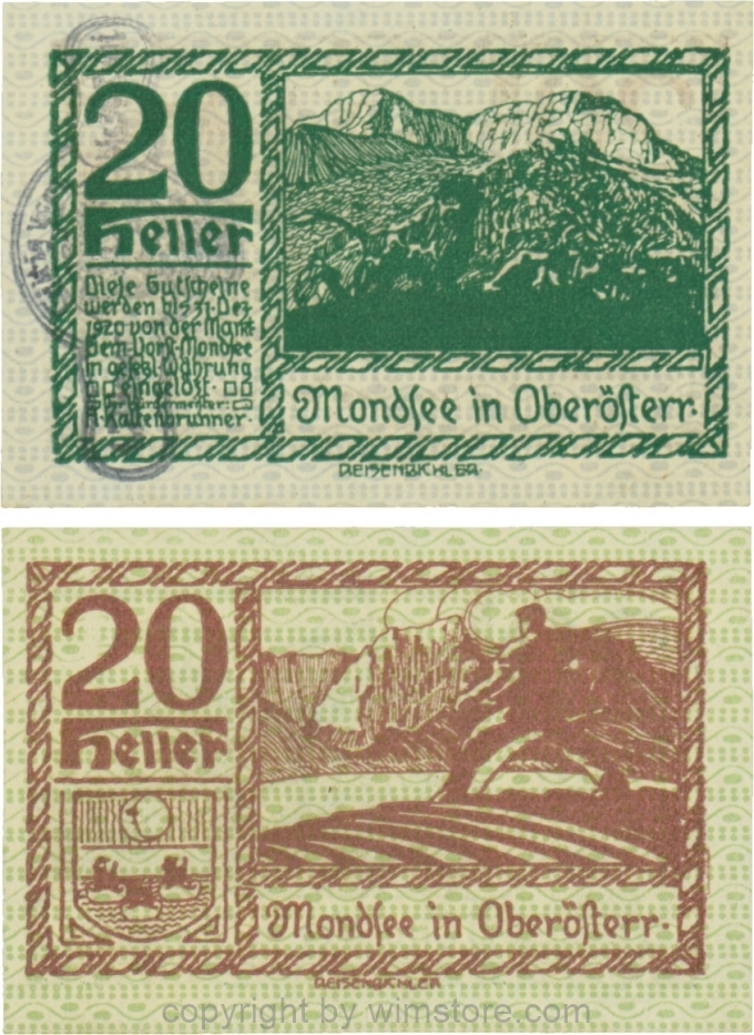 vn100056 Mondsee, G0626sc, 20 Heller mit Verlängerungsstempel, Vorderseite Unterdruck blau, Druck grün; 1