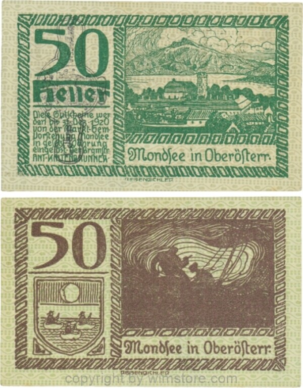 Mondsee, G0626sc, 50 Heller mit Verlängerungsstempel, Vorderseite Unterdruck blau, Druck grün; 1-