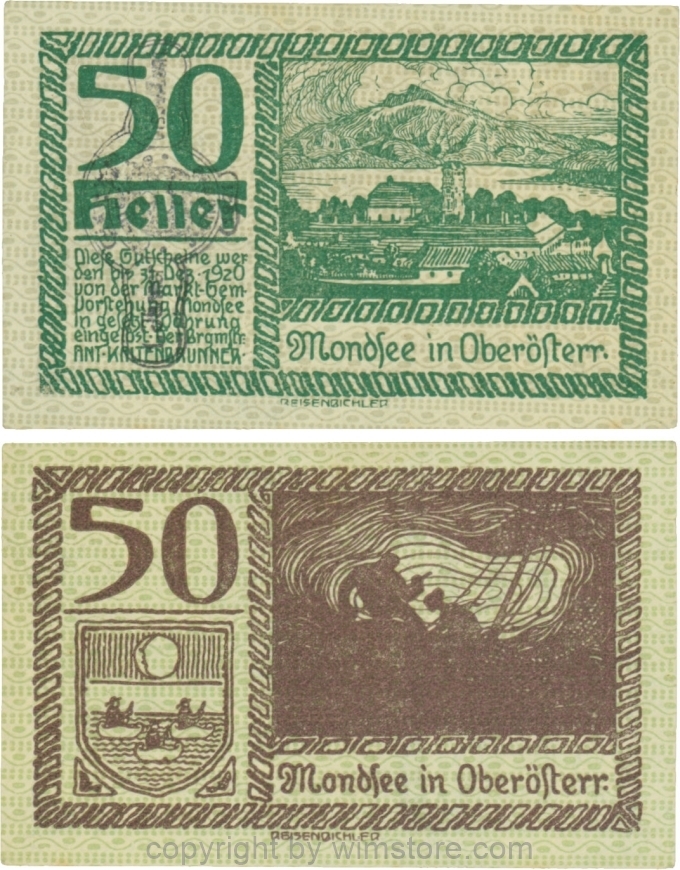 vn100057 Mondsee, G0626sc, 50 Heller mit Verlängerungsstempel, Vorderseite Unterdruck blau, Druck grün; 1-