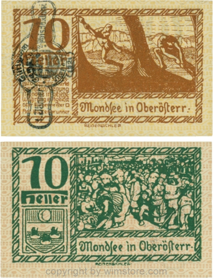 vn100058 Mondsee, G0626sf, 10 Heller mit Verlängerungsstempel, Vorderseite Unterdruck gelb, Druck braun; 1