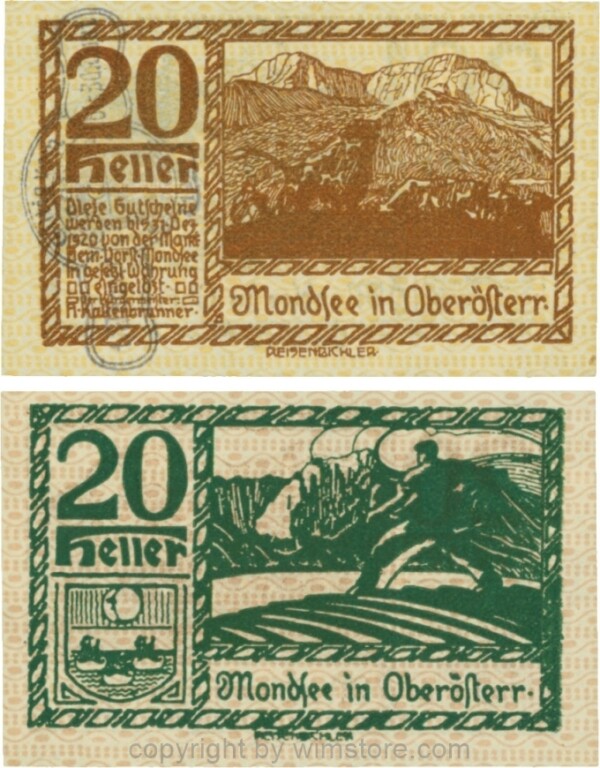 Mondsee, G0626sf, 20 Heller mit Verlängerungsstempel, Vorderseite Unterdruck gelb, Druck braun; 1