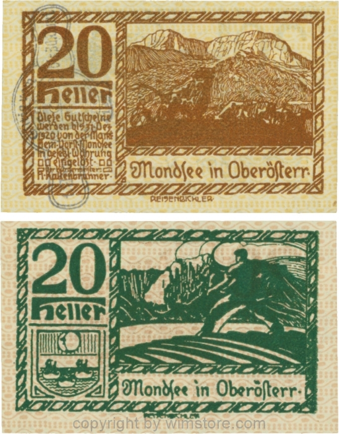 vn100059 Mondsee, G0626sf, 20 Heller mit Verlängerungsstempel, Vorderseite Unterdruck gelb, Druck braun; 1