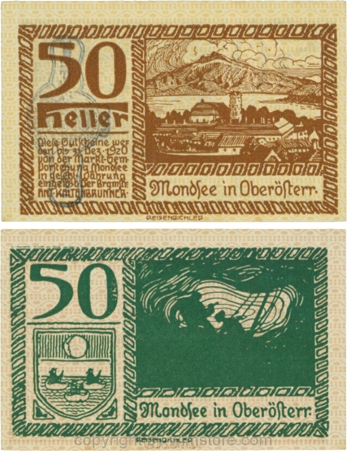 vn100060 Mondsee, G0626sf, 50 Heller mit Verlängerungsstempel, Vorderseite Unterdruck gelb, Druck braun; 1-