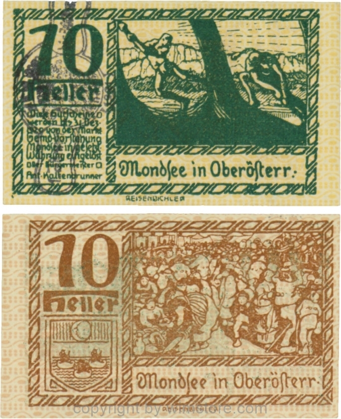vn100061 Mondsee, G0626sg, 10 Heller mit Verlängerungsstempel, Vorderseite Unterdruck gelb, Druck grün; 1