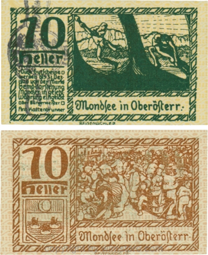 vn100062 Mondsee, G0626sg, 10 Heller mit Verlängerungsstempel, Vorderseite Unterdruck gelb, Druck grün; 1