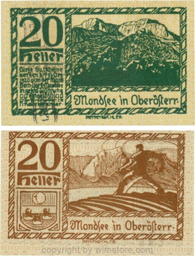 vn100063 Mondsee, G0626sg, 20 Heller mit Verlängerungsstempel, Vorderseite Unterdruck gelb, Druck grün; 1