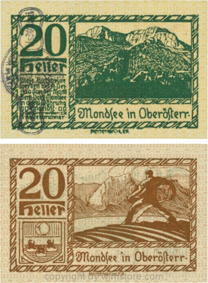 vn100064 Mondsee, G0626sg, 20 Heller mit Verlängerungsstempel, Vorderseite Unterdruck gelb, Druck grün; 2