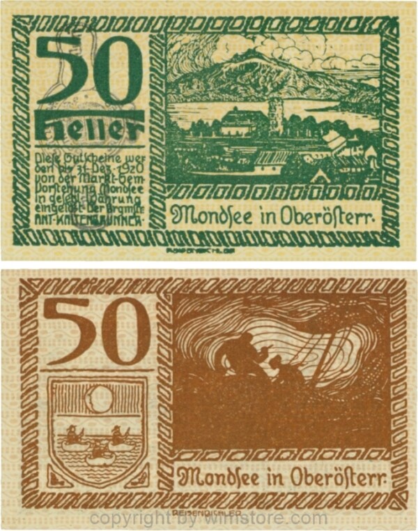 Mondsee, G0626sg, 50 Heller mit Verlängerungsstempel, Vorderseite Unterdruck gelb, Druck grün; 1