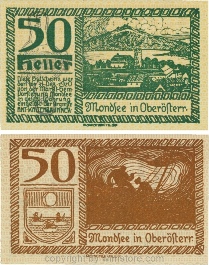vn100065 Mondsee, G0626sg, 50 Heller mit Verlängerungsstempel, Vorderseite Unterdruck gelb, Druck grün; 1