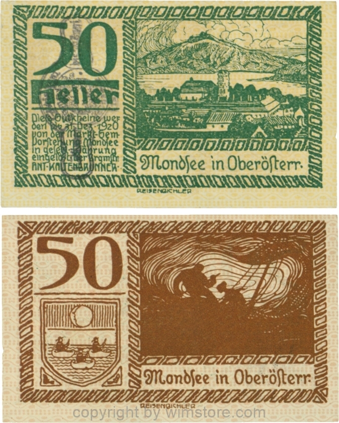 vn100066 Mondsee, G0626sg, 50 Heller mit Verlängerungsstempel, Vorderseite Unterdruck gelb, Druck grün; 2