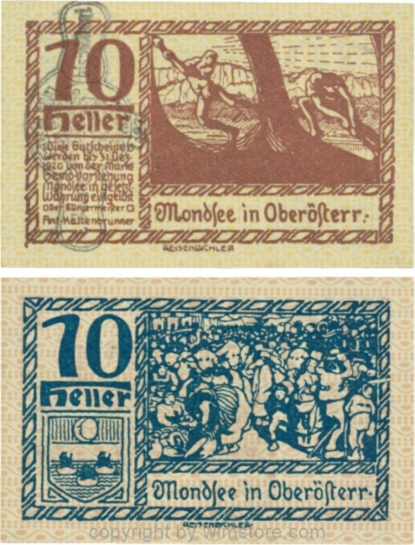 Mondsee, G0626sh, 10 Heller mit Verlängerungsstempel, Vorderseite Unterdruck gelb, Druck violett; 1