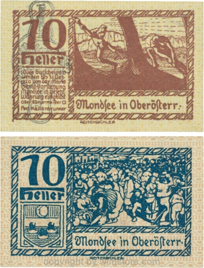 vn100067 Mondsee, G0626sh, 10 Heller mit Verlängerungsstempel, Vorderseite Unterdruck gelb, Druck violett; 1